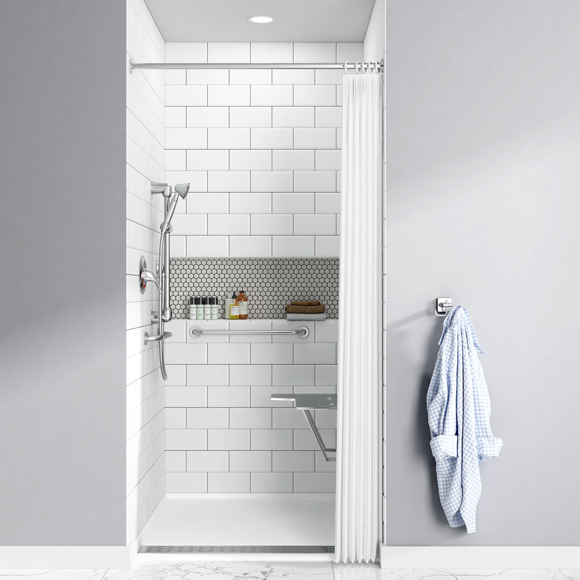 Townsend 38 x 38 Inch Single Threshold ADA Shower Base With Center Drain SOFT WHITE